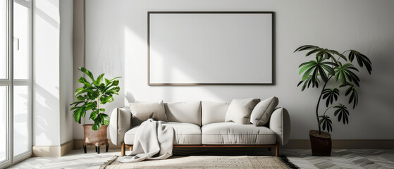 Living room with a blank frame on the wall, Scandinavian-style sofa, a rug, and indoor plants, with bright sunlight,