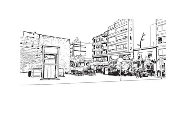 Print Building view with landmark of Santa Pola is a coastal town in Spain. Hand drawn sketch illustration in vector.