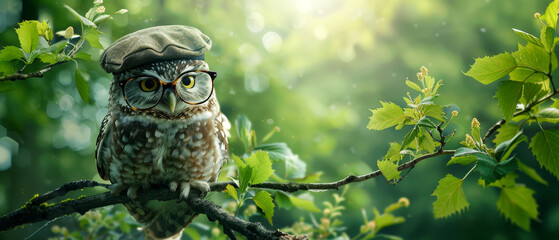 A chic owl wearing a beret and reading glasses, perched on a tree branch with a green forest background