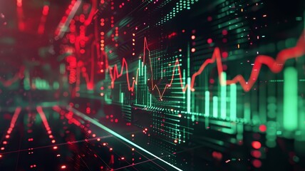 Abstract financial trend graph with green and red arrows indicating market changes on a sleek digital interface,