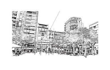 Print Building view with landmark of Santa Pola is a coastal town in Spain. Hand drawn sketch illustration in vector.