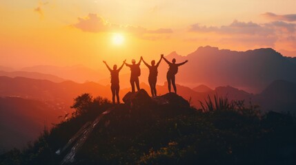 A group of people are standing on a mountain, with the sun setting behind them