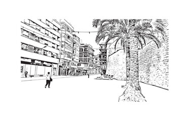 Print Building view with landmark of Santa Pola is a coastal town in Spain. Hand drawn sketch illustration in vector.