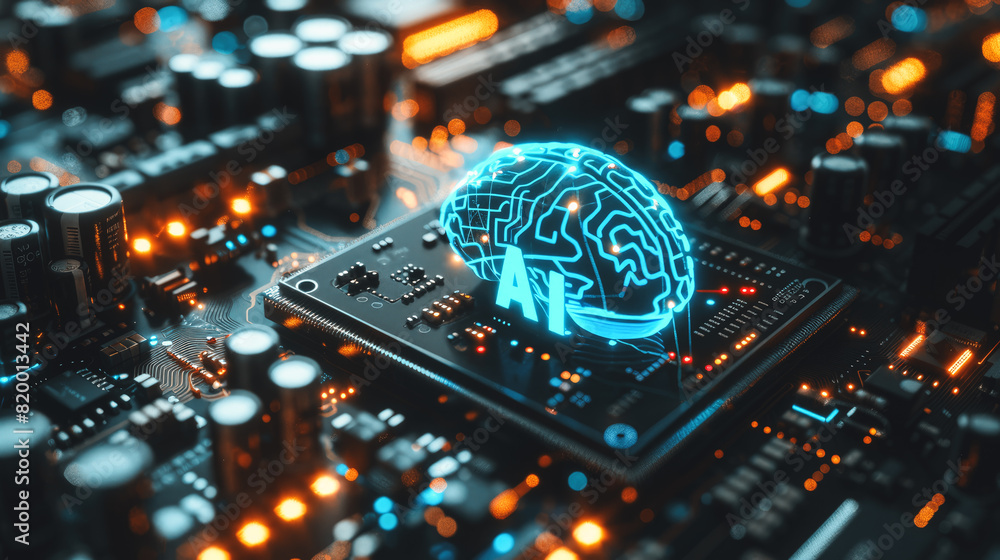 Poster artificial intelligence and ai technology concept processor chip or mother board background llms
