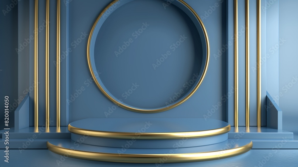 Wall mural a blue round podium with a gold border, an empty showcase for displaying goods. 3d rendering.