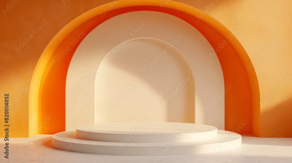 Wall mural an empty beige podium on an orange background with an arch. an empty showcase for displaying goods. 