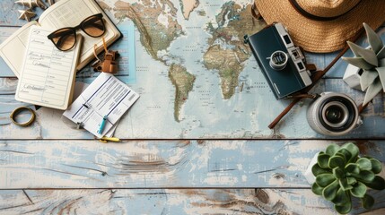 Flat lay design of travel concept with a world map, passport, airplane tickets, camera, sunglasses, and a notebook on a wooden surface.