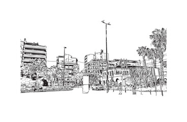 Print Building view with landmark of Santa Pola is a coastal town in Spain. Hand drawn sketch illustration in vector.