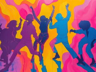 A painting of people dancing with a yellow background. The people are in different positions and colors, and the painting has a lively and energetic mood