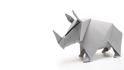 Animal concept origami isolated on white background of an Endangered white rhinoceros or square lipped rhinoceros - Ceratotherium simum, with copy space, simple starter craft for kids