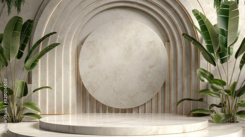 Wall mural an empty round grey concrete podium, against a background of potted indoor plants. an empty showcase