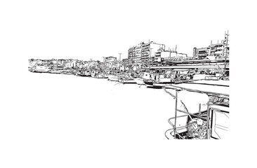 Obraz premium Print Building view with landmark of Santa Pola is a coastal town in Spain. Hand drawn sketch illustration in vector.