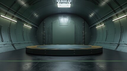 A spacious, empty bunker futuristic industrial room featuring a centered round platform. The environment has a metallic texture and ambient lighting, suggesting a high-tech setting.