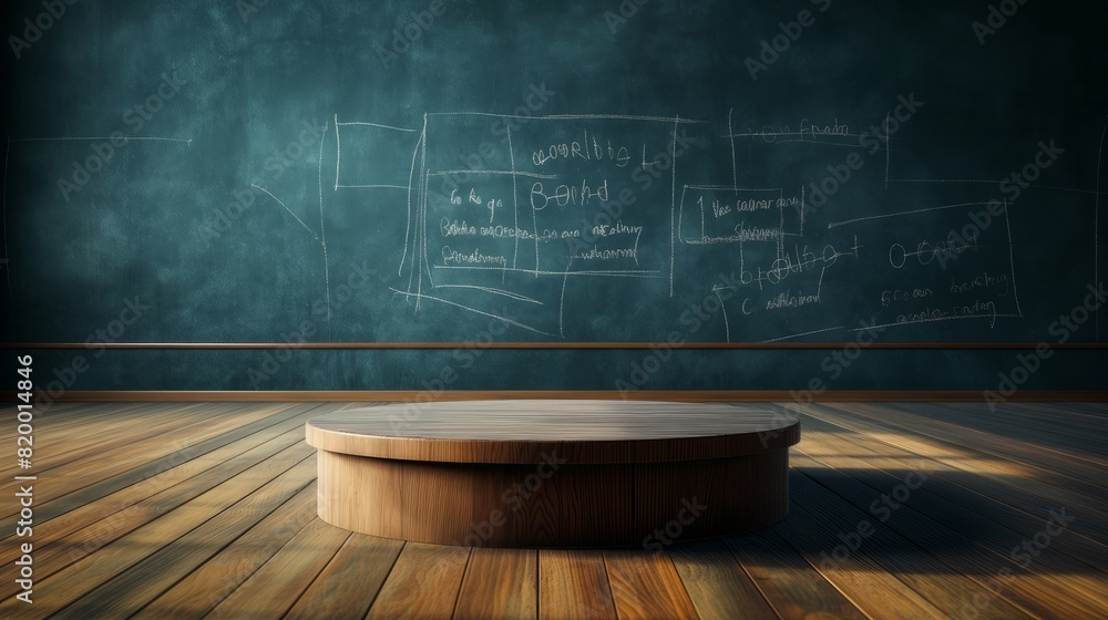 Wall mural a round podium on the background of a school classroom. an empty showcase for displaying goods. 3d r