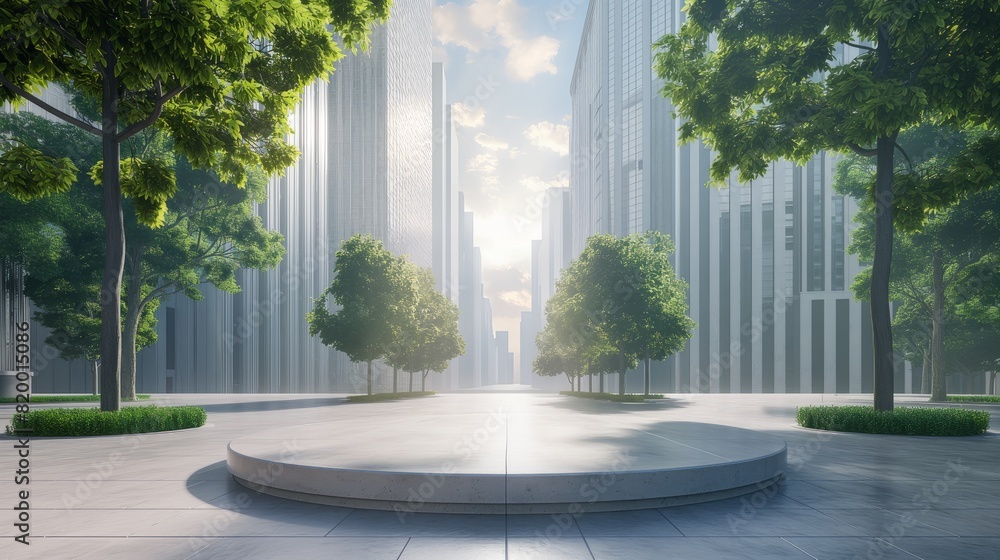 Wall mural podium on the background of a big city street. an empty showcase for displaying goods. 3d rendering.
