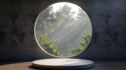 A white podium on the background of a round window with a view of the forest.  An empty showcase for displaying goods. 3D rendering.
