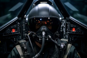 Fototapeta premium A pilot wearing a helmet in the cockpit of a fighter jet. Test pilot in the aircraft cabin.