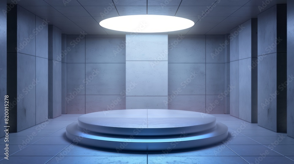 Wall mural a circular podium in the center of the blue room. an empty showcase for displaying goods. 3d renderi