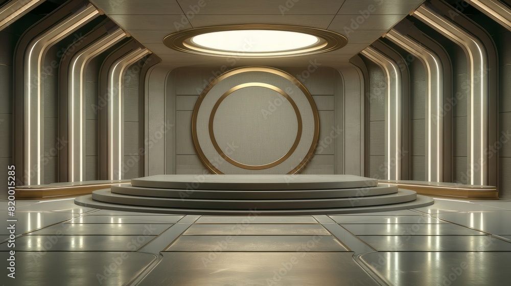 Wall mural a circular podium in the center of the golden room. an empty showcase for displaying goods. 3d rende
