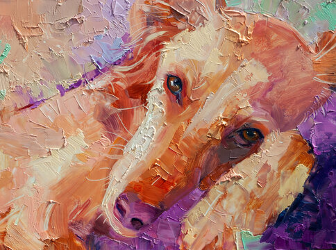 Ritratto del mio cane realizzato con spatole e pennellate astratte e corpose col colori pastello chiari e di tendenza