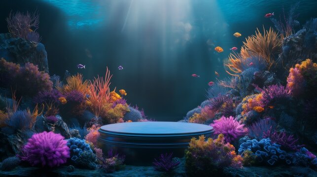 An empty podium against the background of the underwater world, coral reefs and marine fish, an empty showcase for displaying goods. 3D rendering.