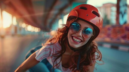 A Ultra Realistic Picture of a Woman Roller Skating and Smiling into the Camera