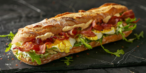 Perfect high protein baguette based subway sandwich with hard boiled egg crispy bacon and lettuce