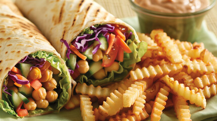 vegan shawarma gyros or kebab style tortilla roll with vegetables and chickpea