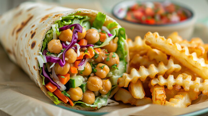 vegan shawarma gyros or kebab style tortilla roll with vegetables and chickpea