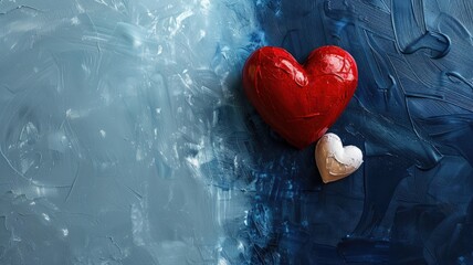 Red heart with smaller white on textured blue background