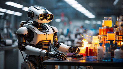 Robot scientist, robotic machine in a scientific chemical laboratory with a fire burning in the backdrop