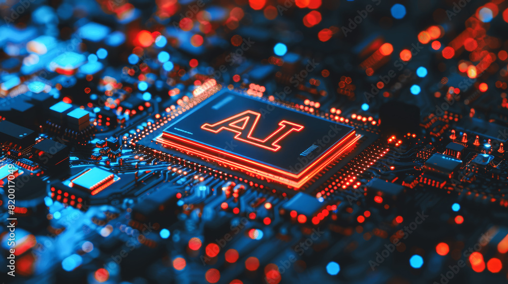 Poster artificial intelligence and ai technology concept processor chip or mother board background llms