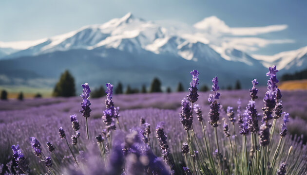 sfondo panoramico con vallata di fiori di lavanda viola ai piedi di una montagna con cima innevata