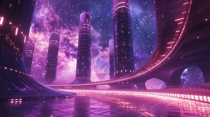 Futuristic Cityscape with Glowing Skyscrapers and Violet Night Sky