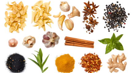 Different spice and seasoning placed in a flat layout isolated on a transparent background, PNG, Ai