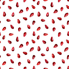 Watercolor pomegranate seeds seamless pattern with exotic red fruits on white background. Hand drawn Design for cosmetics, spa, pomegranate juice, health care products, perfume