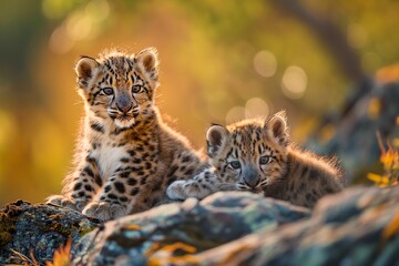 A close-up portrait of two snow leopard cubs in their mountain habitat, looking directly at the camera. Horizontal. Space for copy.
