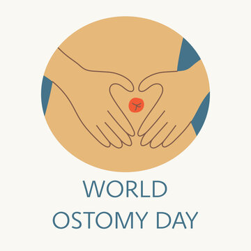World Ostomy Day concept. Hands clasped in the heart around the stoma. Vector illustration