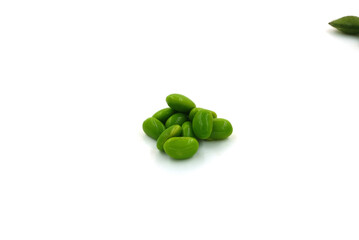 Fresh edamame soybeans and pods isolated on white background.