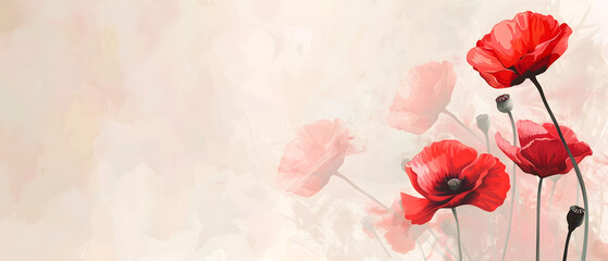 Illustration of red poppies with a soft, painterly texture on a light beige background