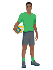 Professional African volleyball player in a green T-shirt who stands straight with a ball in his hand
