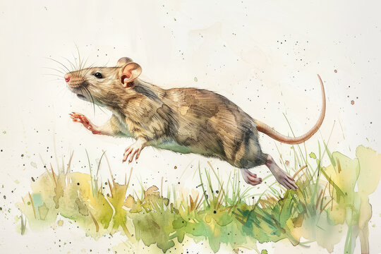 jumping rat outdoors, in style of an aquarelle