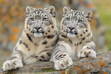 A close-up portrait of two snow leopards in their mountain habitat, looking directly at the camera. Horizontal. Space for copy.