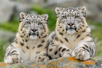 A close-up portrait of two snow leopards in their mountain habitat, looking directly at the camera. Horizontal. Space for copy.