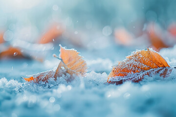 Autumn leaves on snowy background generated.Ai