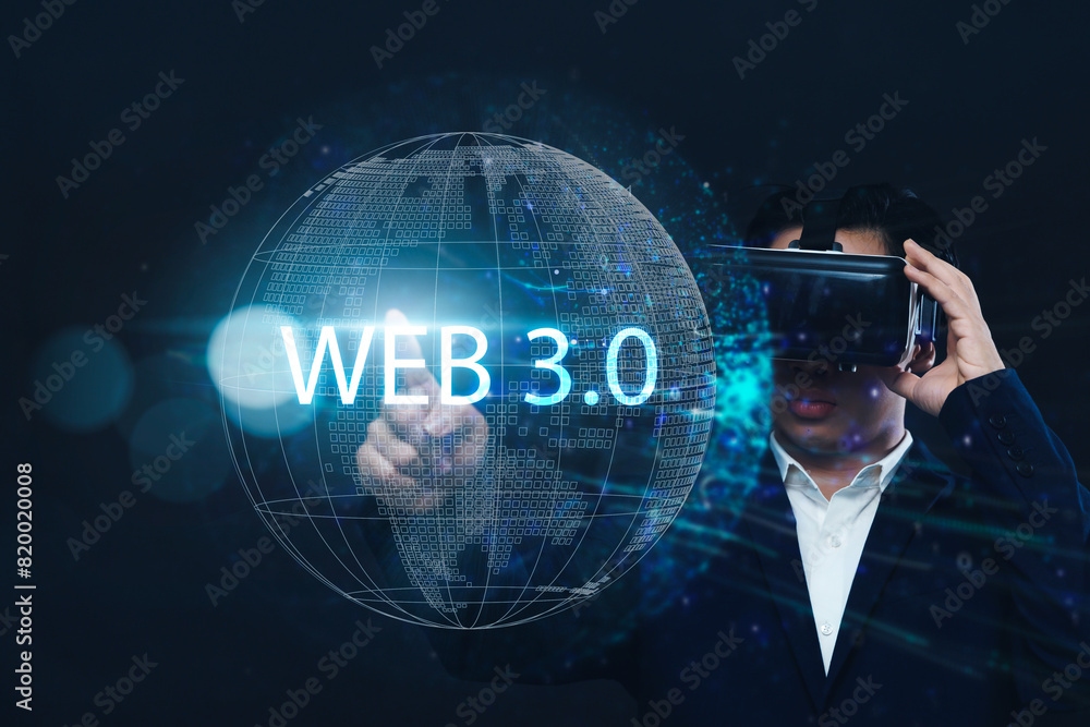 Poster virtual reality in web 3.0: business person engaging with future blockchain business technology