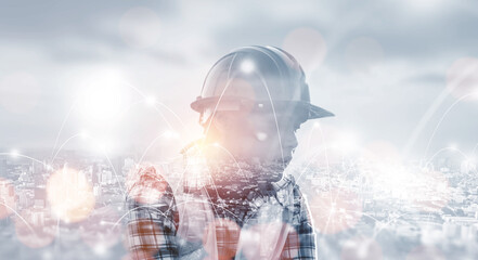 Engineering worker industry double exposure city concept, construction building city development planning innovation, contractor technician, architect, city background blue banner.