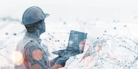 Engineering worker industry double exposure city, computer laptop technology concept, communication connectivity planning innovation, contractor technician, architect, city background blue banner