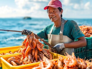 A man is smiling while holding a fishing net full of shrimp. The scene is set on a boat in the ocean
