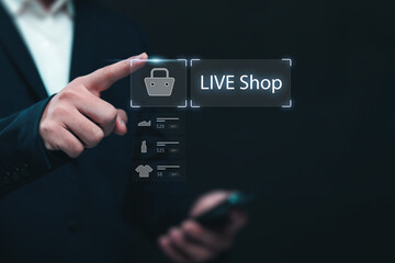 Live shop ecommerce store concept, sales marketing selling products online live on streaming platform, sales business person advertisement strategy.